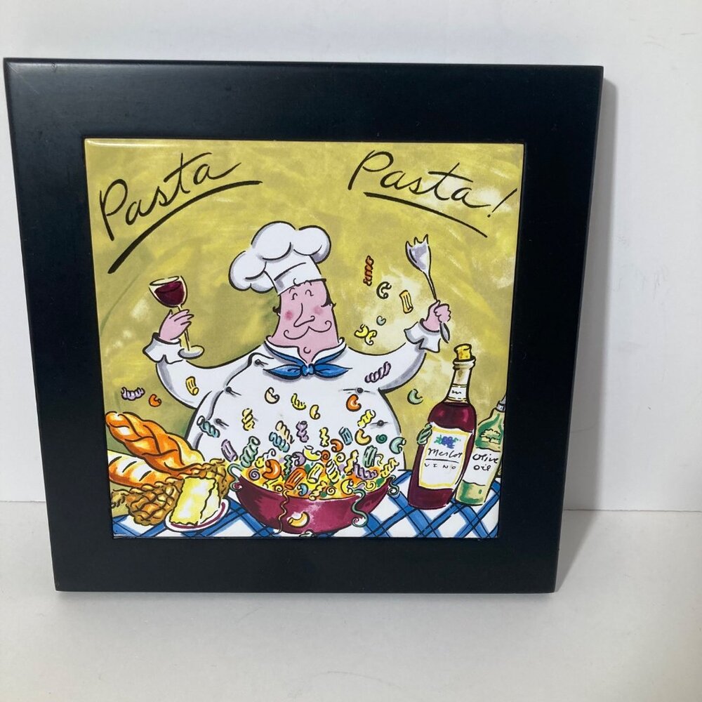 Mudpie Pasta Chef‎ Pizza Wine Trivet Tile Wall Hanging Black Framed 8 x 8"